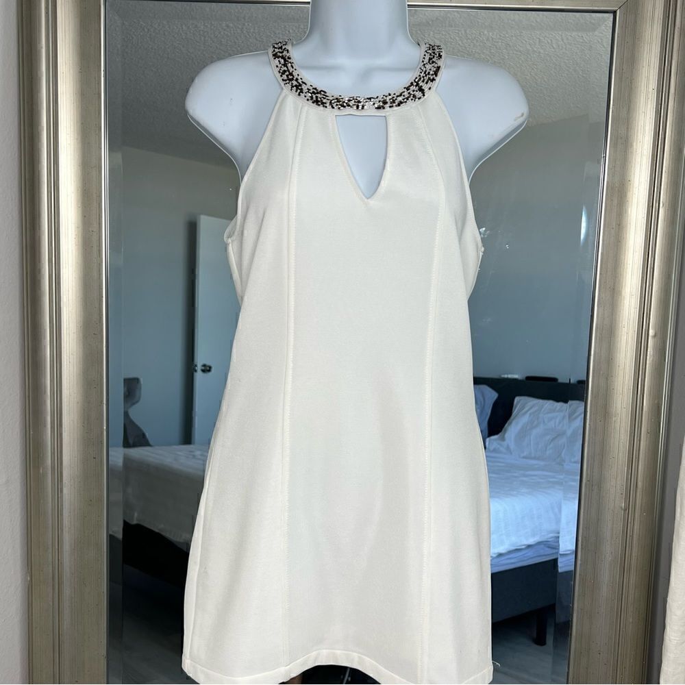 CATCHME Halter Embellishments Neck White Mini Dress Size M.